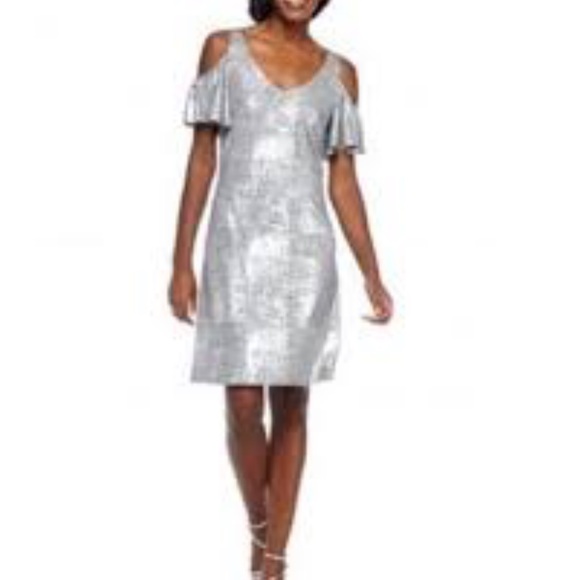 MSK Metallic Cold Shoulder Flutter Sleeve Dress - Picture 3 of 8